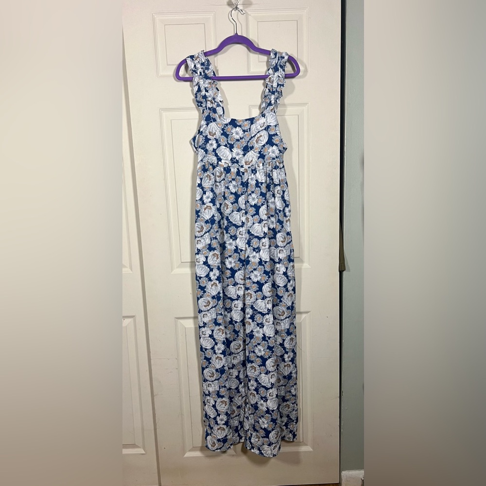 KORI NWT Blue Floral Wide Leg Jumpsuit Ruffle Strap Tie Front Boho medium - Picture 2 of 10